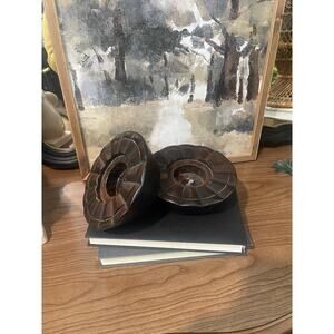 Vintage Wooden Candle Holders Set of 2 Chunky MCM Rustic Dark Wood